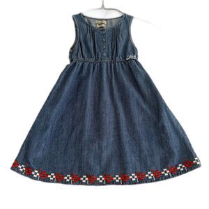 LUCKY Brand Girls 6X Denim Jumper Dress Embroidered Sleeveless Patriotic Cotton